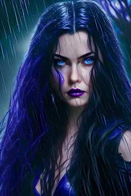 super beauty girl, (amy lee face) good body, blue eyes, black and blue long haired, hair claw clips, black and purple dress, under the rain, wet makeover, intense look, intrincate dretails, hd resolution picture, front view, dark forest background.