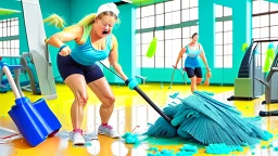 cleaning lady makes mess in gym