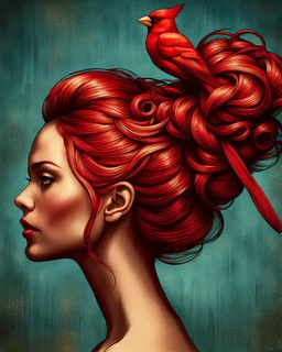 Create an image of a woman in profile view with vibrant red hair styled in an elaborate updo. On top of the hair, place a bright red cardinal bird perched gracefully. The background should be a textured teal color that provides a contrast to the warm tones of the hair and bird, enhancing the overall artistic appeal of the composition.