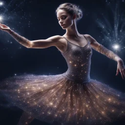 A beautiful divine magical ballet dancer that is wearing a sparkling, glittery dress, luminous and lights with a divine shine and sparkle in the dark twisted night. Dreamy and magical! Breathtaking beauty. Intricately detailed twirl of sparkles that shines and is made of outofworldly materials. Sparkling Magical vibe! Sparkles! Masterpiece! Rad lighting