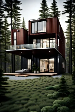 Medium sized, modern house in the woods made from shipping containers, photorealistic
