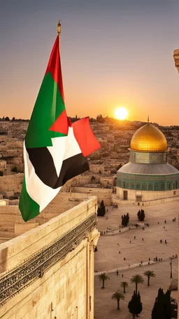 A stunning sunset over Al-Aqsa Mosque, with the Palestinian flag proudly waving in the gentle breeze.