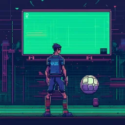 A pixel art cyberpunk version of the best football predictor master pundit master sporty
