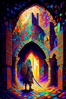 A huge colorful arabian mosaic dungeon being explored by a solitary heroic knight painterly fantasy art