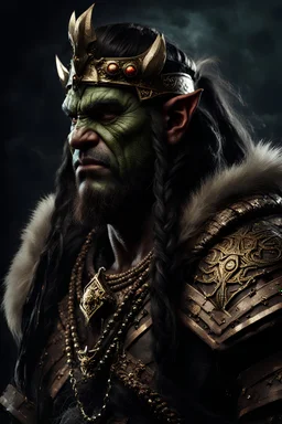 portrait of an orc king. braided hair. wearing ornaments. Carrying a battleaxe. High resolution. 4K. 8K. Fantasy style.