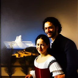 portrait of Jacobo Santiago Mozos born in 1976 and Gemma Arnau Arnau born in 1979,Caravaggio,smiling, oil on canvas, cinematic composition, extreme detail,8k,fit full head inside picture,