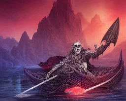 sango fantasy, fantasy magic, intricate, sharp focus, illustration, highly detailed, digital painting, concept art, matte, Greek mythology Charon ferryman, skeleton in full length cape, in boat on river styx, sharp jagged rocks, red purple blue colours, red hot lava river