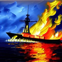 Impressionism painting, paint, warship burning, fire, ocean, night