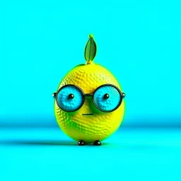 Lemon has eyes, legs, mouth and nose and wears black glasses. Simple blue background