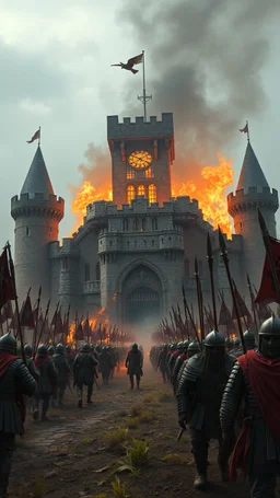 Huge giant leading a an old army toward a big castle how is set on fire in a bloody war at scene