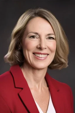 A preety woman in her early 50s having a presidential speech in front of a huge building