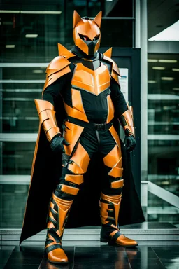 Catman in futuristic orange armor, photograph