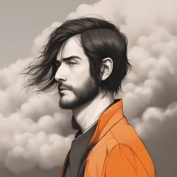 A man with black and half-long hair and a technical orange jacket 3/4 back facing a cloud cover