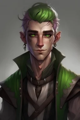 Young male wood elf, rogue, light brown skin, bright green eyes, mauve hair, black leather, mischievous