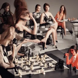 realistic photoshoot for a new balenciaga lookbook, beautiful young models playing chess, colorful makeup, set design made of lego blocks, in style of steven meisel, ultra high resolution, 8k, bright, fashion lighting, wide angle lens