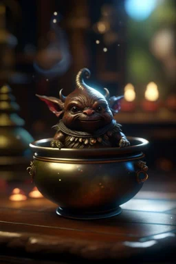 magical alchemists nightmare, cauldron with shining sigil and containing a slightly alien fur ball gremlin in it, prize winning oil painting, ,bokeh like f/0.8, tilt-shift lens 8k, high detail, smooth render, down-light, unreal engine