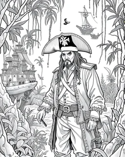 Pirates of the Caribbean: Jack Sparrow's Jungle Adventure Coloring Page: Design an adventurous coloring page inspired by the Pirates of the Caribbean movie, featuring Jack Sparrow navigating a dense jungle on a quest. Remove black color backgrounds and lines as much as possible, allowing kids to focus on coloring towering trees, wild animals, and hidden paths. This black-and-white canvas invites young artists to bring the excitement of Jack Sparrow's jungle exploration to life in their imaginati