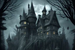 one Wednesday Adams, black and white, tall narrow scary house , pointy roof, cursed trees , dense dark forest, spiders, bats, bones, Escher style