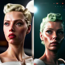 Ultra Realistic retro sci-fi movie Supermarket parking people scene, 1960 year, waist up view portrait, 1 blonde women and 1 octopus alien, sweet scarlet Johansson face, perfect iris, glow eyes, face makeup, tight latex coat. many people looking, Retro sci-fi style, soft color, highly detailed, unreal engine 5, ray tracing, RTX, lumen lighting, ultra detail, volumetric lighting, 3d, finely drawn, high definition, high resolution.