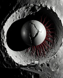 High-altitude lunar reconnaissance satellite image of a young impact crater. larger regolith along right ride. A massive damaged metallic alien sphere with fracture lines on the crater floor. Thin red organic growth radiates across regolith and up crater walls. At the lower frame edge outside the crater, a small modern white single-seat lunar vehicle sits near the rim with visible wheel tracks. Stark vacuum lighting, no atmosphere, pitch-black space, photorealistic lunar geology