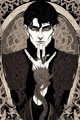 black haired young man necromancer wizard with gothic jewelry and tentacle fingers in the style of Aubrey Beardsley