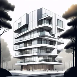 Dibujo arquitectónico de un edificio de cinco pisos, moderno, diseñado aplicando la proporción, estilo minimalista futurista, calidad ultra, gente, árboles, colores contrastantes