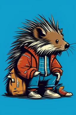 a game studio logo of a "Jobless Porcupine" wearing clothes as if he was homeless 2 colors