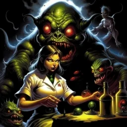 High_Quality_Art Digital Painting of Science experiment Horror girl Monster creature by Richard Corben, Todd Schorr, T-Shirt Design, Black Background, by bob byerley