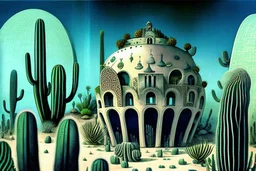 a fantastic underwater city with cactus houses, arches and domes by artists "Leonora Carrington" and "Piranesi"