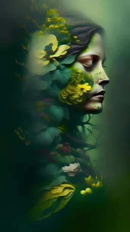 mother nature in a form of a beautiful woman, side portrait , a lot of flowers, very smooth colors, dark green and yellow, fog