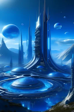 futuristic city blue with jewels in landscape cosmic and ufo metal silver gold mountain
