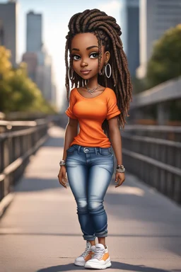 Create a airbrush a chibi cartoon of a curvy black female with long ombre dread locs in her hair. She is wearing high profile sneakers with tight white cut up jeans and an orange off the shoulder blouse. Prominent make up with brown eyes. Her hair is highly detailed and shiny. Background of her walking on a sidewalk on a bridge.