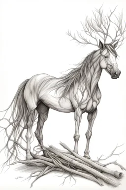 Pencil sketch of a Horse made of branches, driftwood and rocks