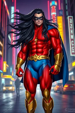 A giant, muscular man with long, flowing, black hair that is blowing in the breeze and blue eyes, standing on the streets in the neon lit, futuristic City of Xanadu prime, he is wearing a red body suit that forms to his muscular frame, he also wears tight blue trunks on the outside of the suit, he has a gold lightning belt, gold wrist gauntlets, he wears gold, knee-high boots, he wears a blue cape, he as the symbol of Xanadu Prime on his chest, and a thin black leather bandit eye mask,