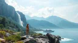 a picture of natural landscape that includes majestic mountains and a serene countryside. Additionally, incorporate details about a stunning, large waterfall that enhances the beauty of the scene. The output should be structured as a narrative, painting a clear image with rich, descriptive language that evokes the sights and sounds of this beautiful environment water fall falls to a big sea with modern ship in it.some fullbody ladys in One Piece - Athletic Swimsuit,standing over rocks at hight