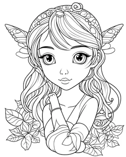 kawaii fairy, full view, realistic face, coloring page, only draw lines, coloring book, clean line art, –no sketch, color, –ar 3:4, white background, minimalistic black lines, minimal black color, low level black colors, coloring page, avoid thick black colors, thin black line art, avoid colors, perfect shape, perfect clear lines,