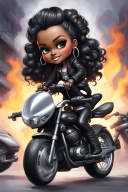 Create a digital airbrush illustration of a chibi cartoon full figure black female riding a sports motorcycle. She is wearing tie dye and black tights with biker boots. Prominent make up with log lashes and hazel eyes. Extremely highly detailed black shiny wavy hair up in a messy bun. Background of smoke surrounding her and the bike and she's at a bike show.