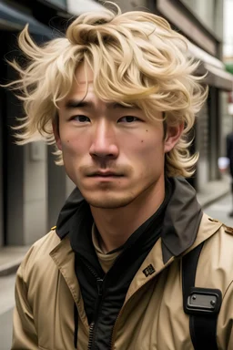 korean man, blond messy hair, delivery guy, sidewalk