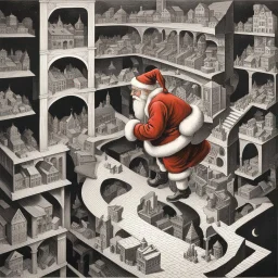 Santa Claus delivering presents to M. C. Escher