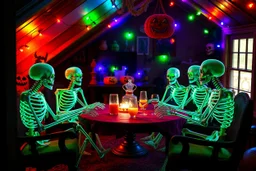 Glowing Halloween skeletons having a tea party in the haunted house attic. Colorful string lights and festive decorations create a spooky magical atmosphere