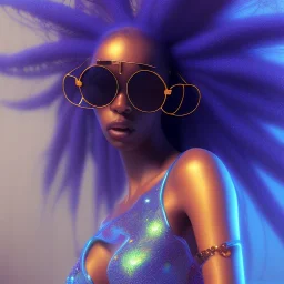 a black woman with extreme long hair and blue crystal sunglases dancing on the dancefloor, behind her is a grafitti, steam punk, realistic, made in octane, cinematic, ultra-realistic, extremely detailed octane rendering, 8K, VRAY Super Real ar 2:3, dof photorealistic futuristic 50mm lens hard lighting dark gray tintype photograph, realistic lighting