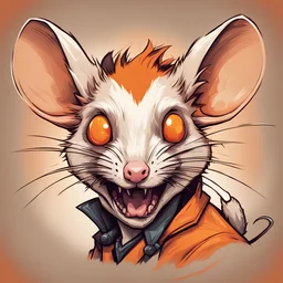 A orange and cream rat with a wild crazy look in their eye as they super fang, in card art style