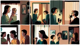 6 panels showing 12 different people in their house talking on the phone in a 12-step meeting