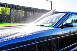 create an Image of washing front glass of the car, drops of water, foam all over, View must be from inside