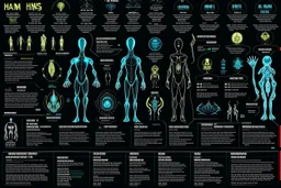 infographic about humans beings, made by alien, black background, strange gliphs, few text with big characters