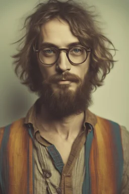 Hippie bohemian young man with Parisian bohemian look and glasses of colours and poor and short short short and poor hair on the head with receding hairline. Farsightedness glasses with big eyes. Long beard. Vintage look and feel like photo styleof the 70s