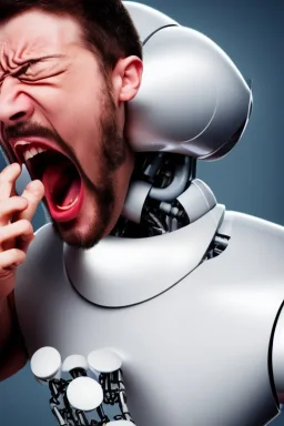 man screaming at a robot