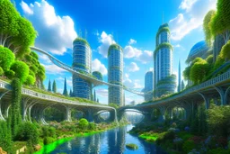 A futuristic alien city, with balconies, verandas, many arches, bridges, spires, paths, trees, dense foliage, Spanish moss, ivy, river, blue sky, white clouds.industry revolution new age, new-age theme, hyper realistic city with galaxy sky