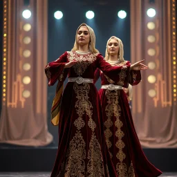 single women in elegant, long, flowing dress (possibly Azeri don or similar styled), made from rich fabrics like velvet or silk, adorned with intricate gold or silver embroidery, particularly on the bodice and sleeves. she wear delicate, often lace headscarves (kelaghayi) covering their hair, and traditional Azerbaijani jewelry (layered necklaces, large earrings, intricate wsilver belts with coin motifs). with dance shoes ,with dance shoes,at a opera modern stage with dynamic animating lights Th