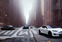 A Tesla 'Model Y' is drifting at high speeds, near the 'Central Synagogue' in New York City. (CINEMATIC, WIDE ANGLE LENS, PHOTO REAL)
